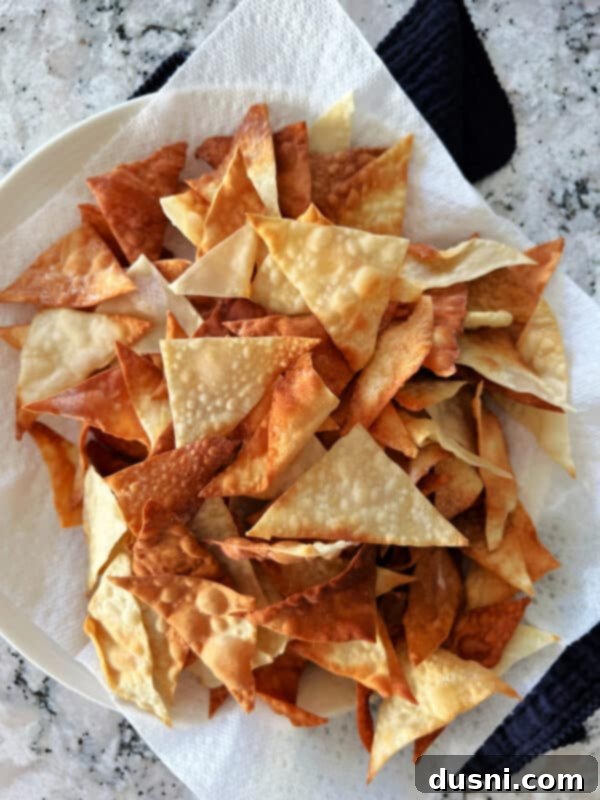 Crispy Air Fryer Wonton Chips 7 Air fryer wonton chips arranged on a platter, ready to be served as an appetizer.