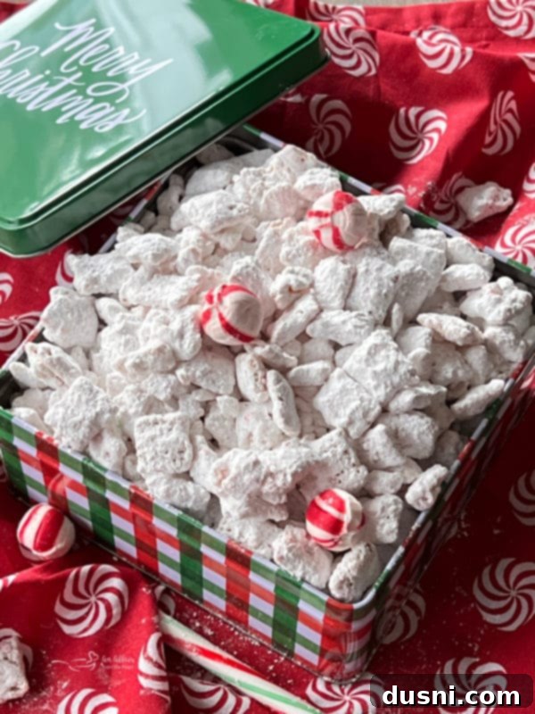 A box of candy cane puppy chow mix, highlighting its festive packaging and delicious contents.