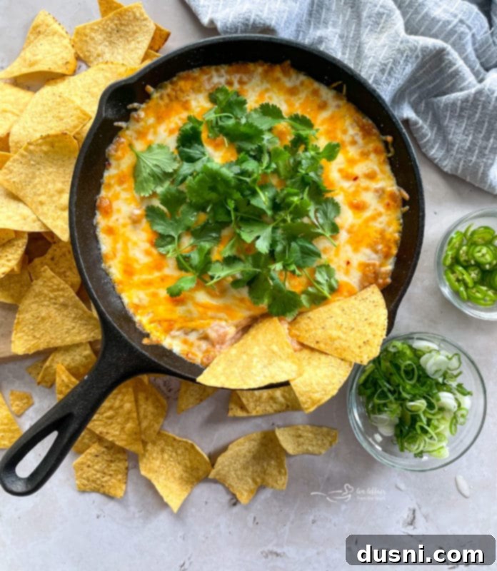 Mexican bean dip with tortilla chips on top