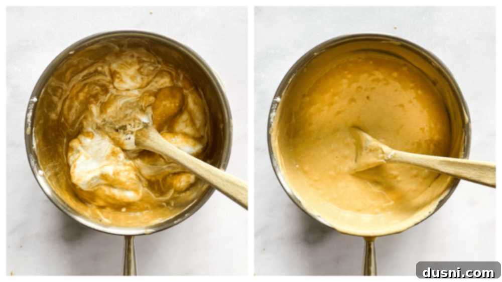 Decadent Peanut Butter Fudge 6 A saucepan on the stove with sugar and milk.