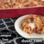 Lasagna in a casserole dish and a piece on a white plate with text "Lasagna Toss"