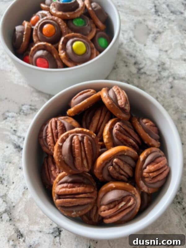 Close up of a single Rolo Pretzel Bite on a white background