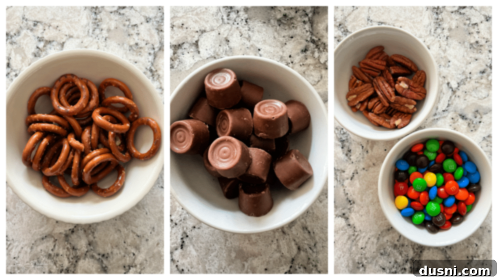 Ingredients for Rolo Pretzels laid out: Rolos, circular pretzels, and M&M candies