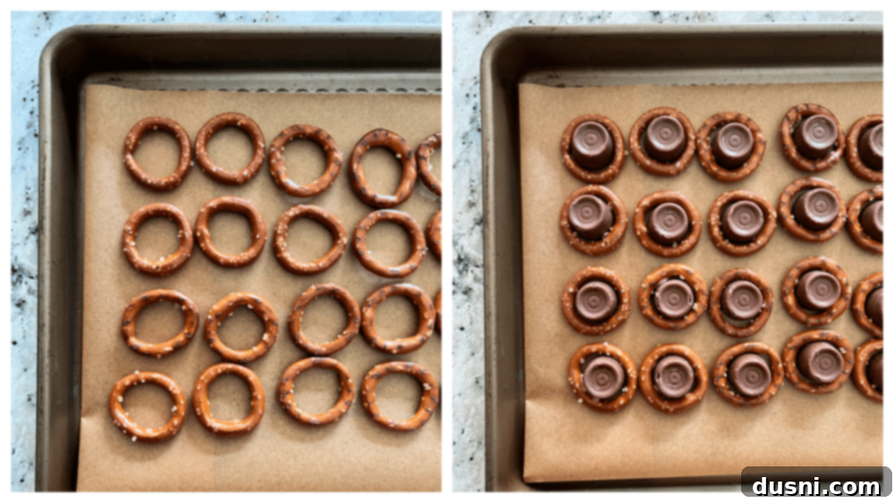 Circular pretzels arranged on a parchment-lined baking sheet