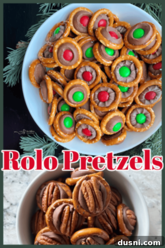 Finished Rolo Pretzel Bites with M&M's on a parchment-lined baking sheet