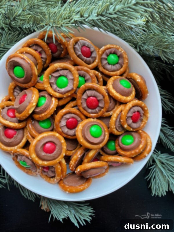 A close-up of Rolo Pretzel Bites arranged artistically on a white plate