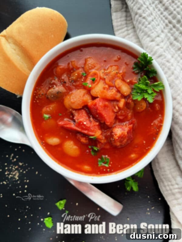 Instant Pot Grandmas Comforting Ham and Bean Soup 18 Instant Pot Ham and Bean Soup in a white bowl, garnished