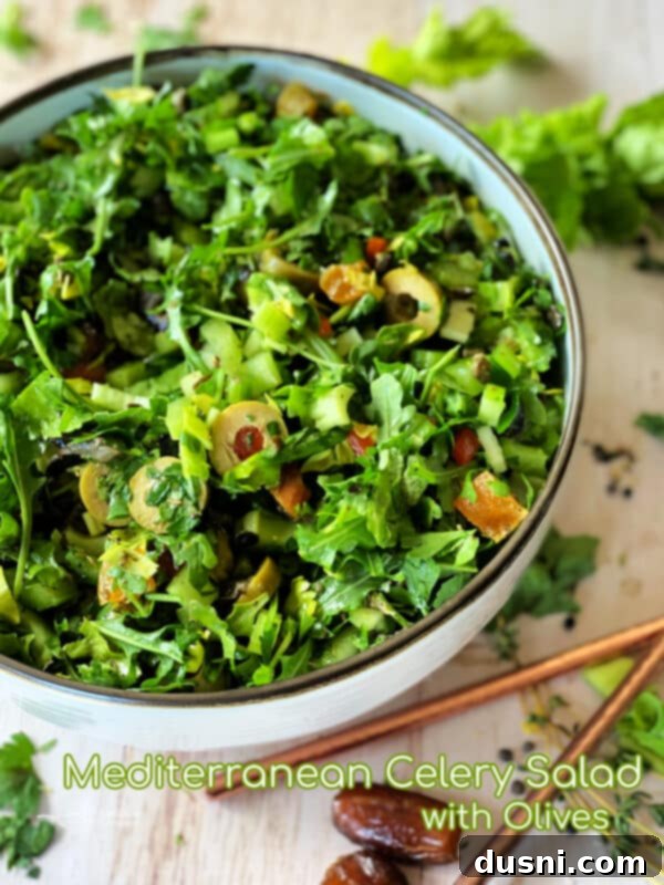 Full bowl of Mediterranean Celery Salad with Olives, ready to be served.
