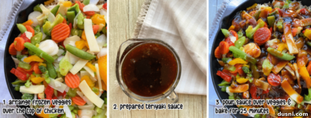 Frozen mixed vegetables layered over cooked chicken and rice in a skillet