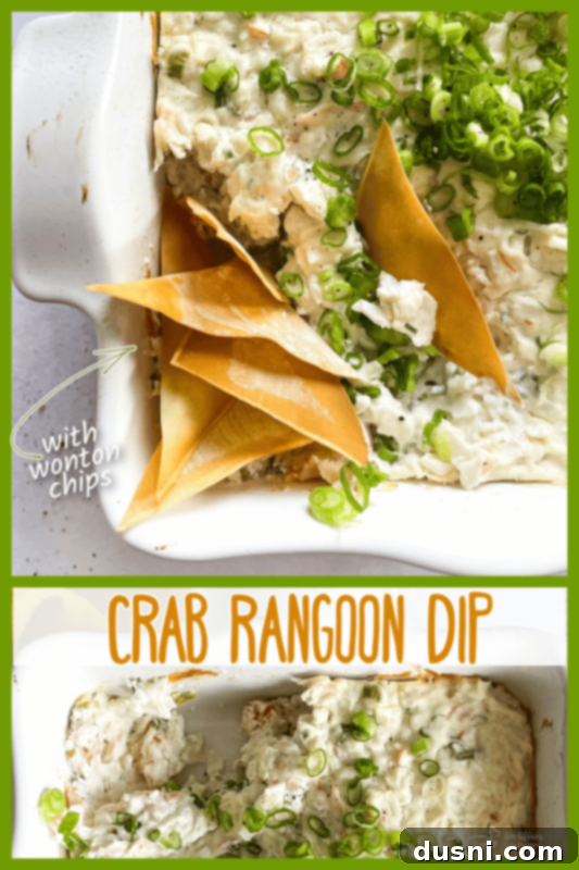 Savory Crab Rangoon Dip 11 A Pinterest-optimized image for Crab Rangoon Dip, showing the dip with wonton chips and green onion garnish.