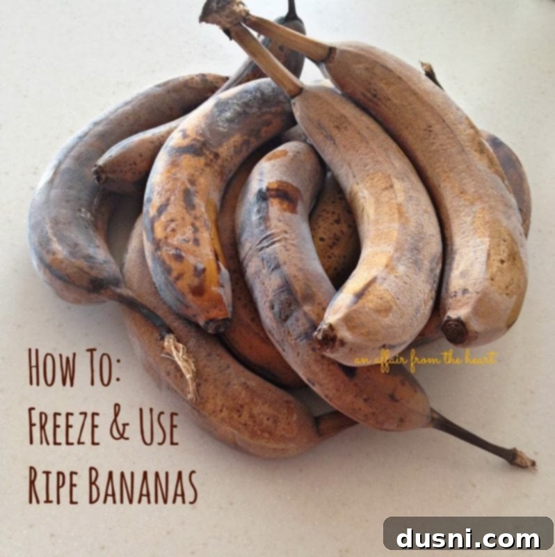 Banana Pecan Swirls 15 Graphic showing frozen ripe bananas with text "how to: freeze & use ripe bananas" in an instructional style.