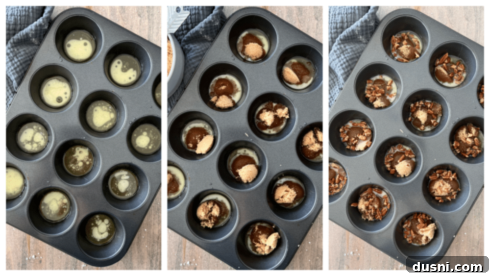 Banana Pecan Swirls 5 Step-by-step image showing melted butter, brown sugar, and chopped pecans being mixed directly in the bottom of muffin tin wells, ready for the dough.