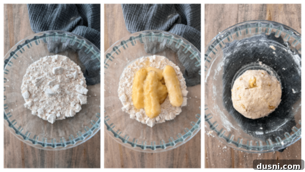 Banana Pecan Swirls 6 Step-by-step image showing mashed bananas and Bisquick baking mix being combined in a large bowl, forming a soft dough.