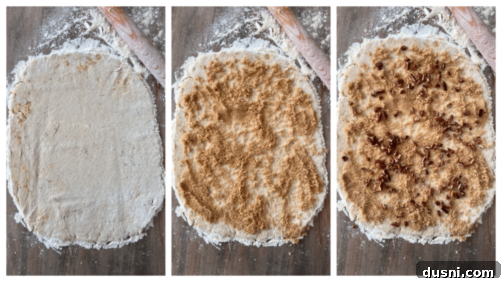 Banana Pecan Swirls 7 Step-by-step image illustrating the process of kneading the banana Bisquick dough and rolling it out into a rectangular shape on a lightly floured surface.