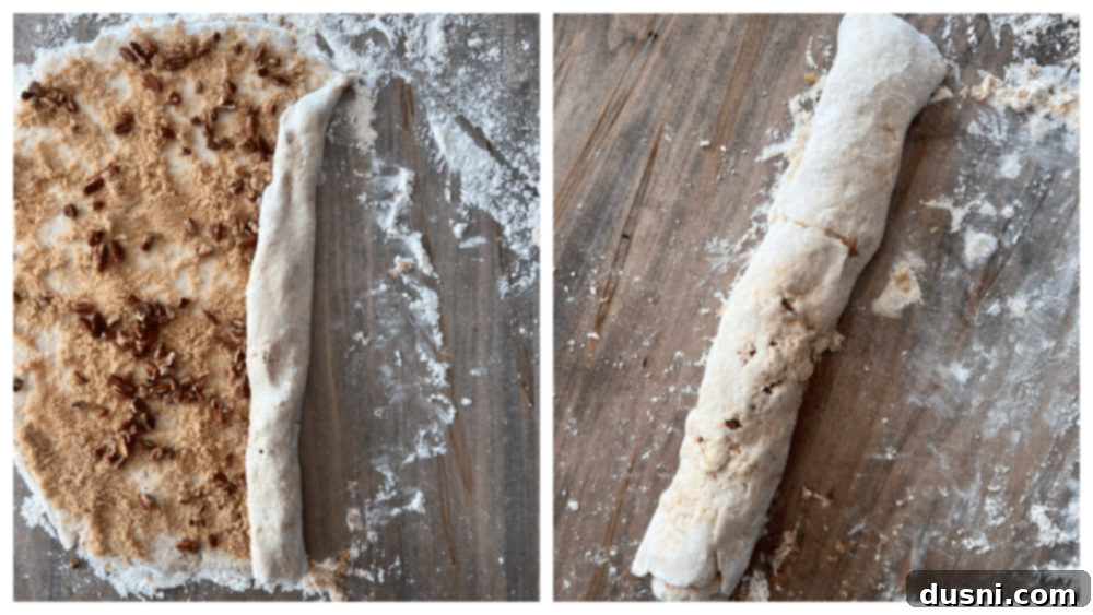 Banana Pecan Swirls 8 Step-by-step image of banana pecan dough rolled into a long 'jelly roll' shape, ready for slicing.