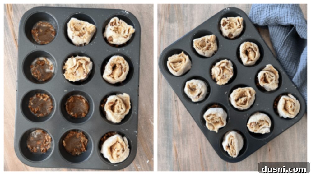 Banana Pecan Swirls 9 Step-by-step image showing sliced banana pecan rolls placed into the individual cups of a muffin tin, ready for baking.
