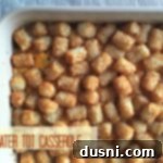 Overhead of casserole with text "tater tot casserole"