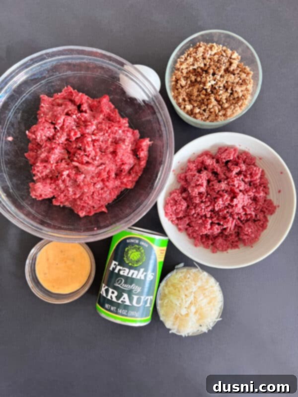 Deli-Style Meatloaf 6 Ingredients for Reuben Meatloaf laid out