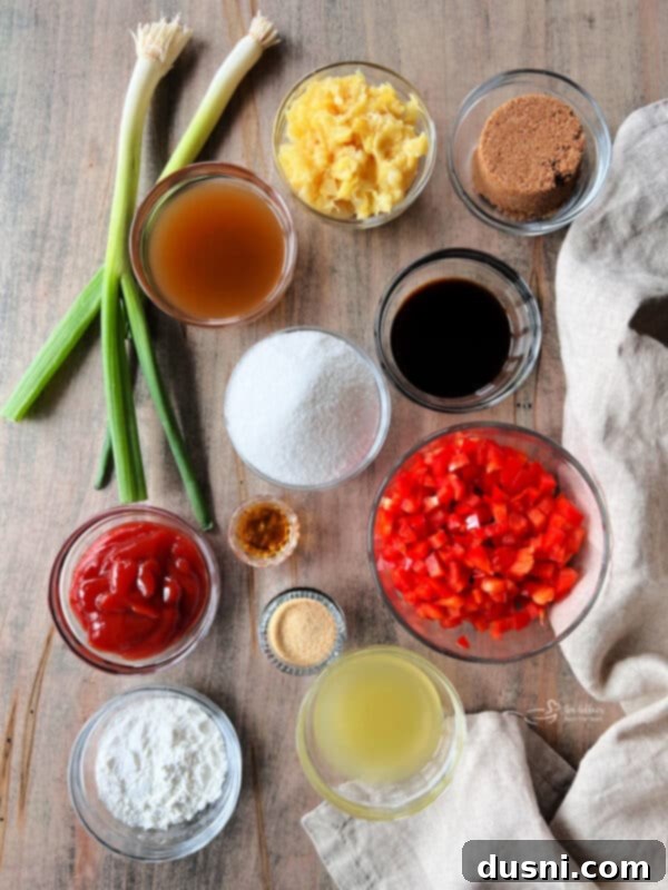 Ingredients for sweet and sour sauce on a counter