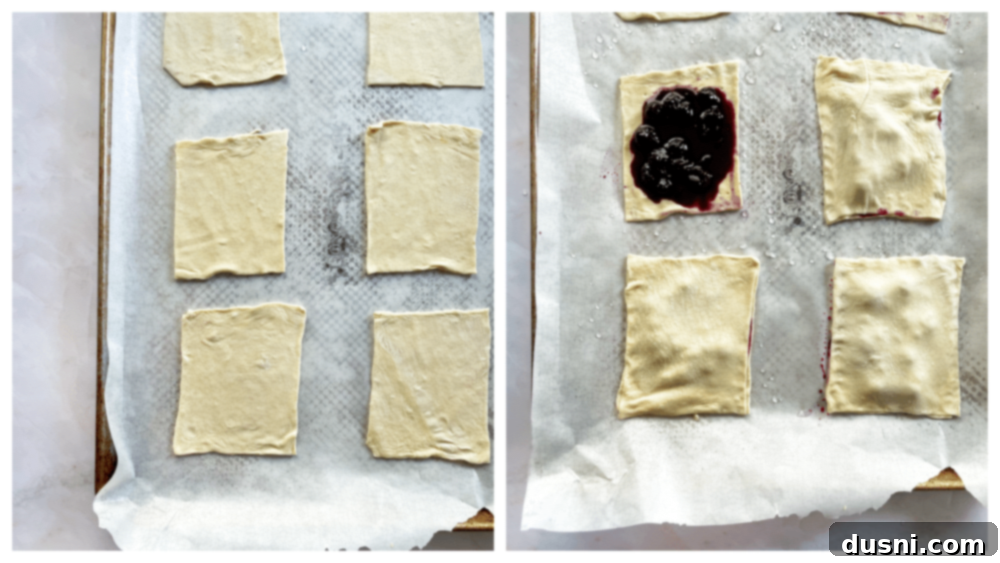 Filling puff pastry for blueberry toaster strudel