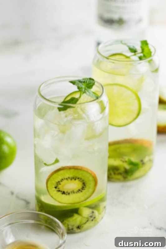 Vibrant Kiwi Mojito 2 Refreshing Kiwi Mojito cocktail in a tall glass, garnished with kiwi slices and mint.