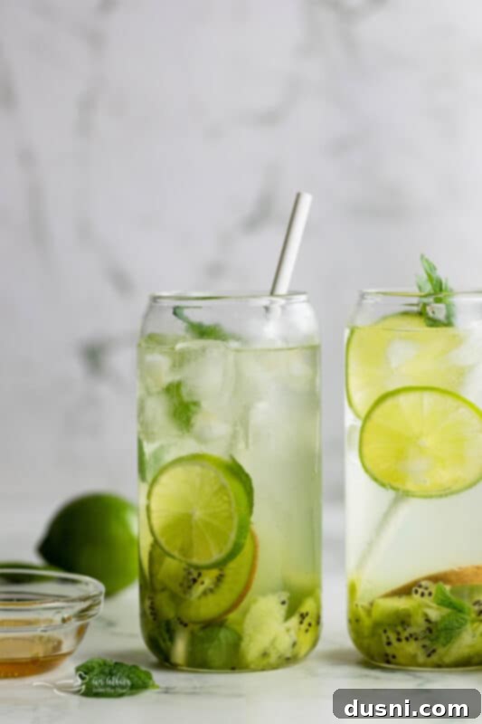 Vibrant Kiwi Mojito 10 A single Kiwi Mojito cocktail in a tall glass with a straw, garnished with kiwi and mint.