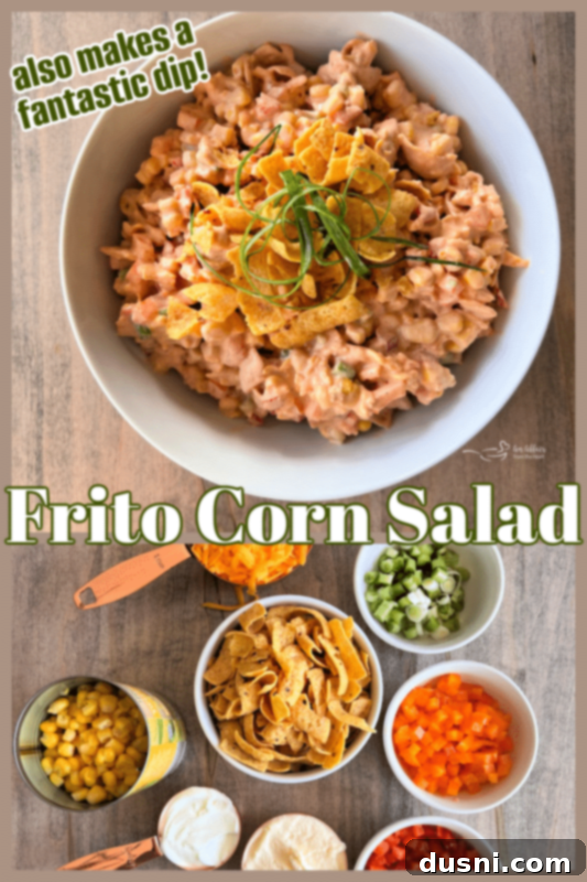Loaded Frito Corn Salad 9 Frito Corn Salad in a bowl, with a serving spoon, ready to be enjoyed.