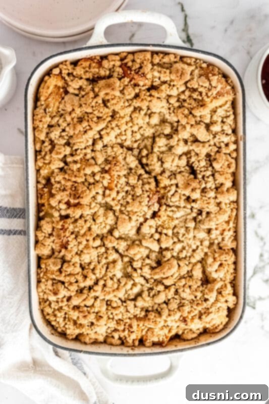 Step 6: Baked French Toast Casserole fresh out of the oven, golden brown and bubbly.