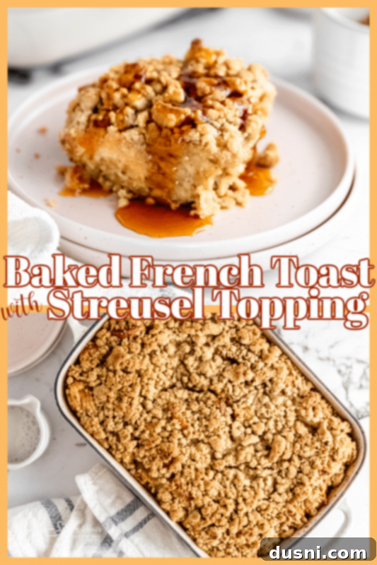 A festive image of Baked French Toast Casserole for social sharing, ideal for Pinterest.