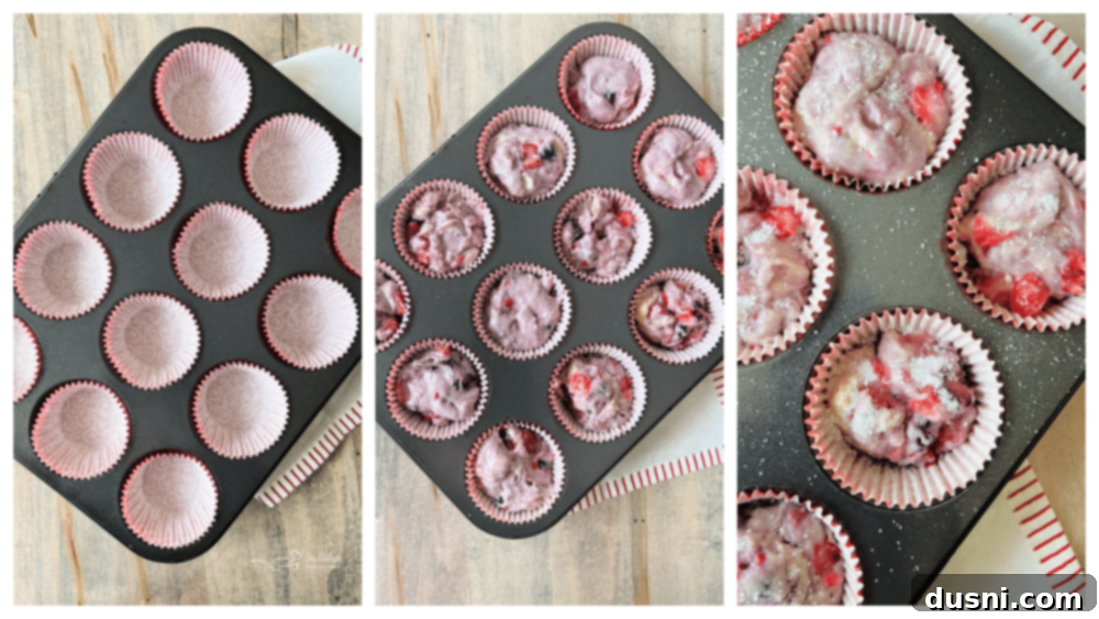 Combine all of the ingredients, except fruit, in a bowl. When incorporated, gently fold in the fruit. The batter is in a bowl with berries.