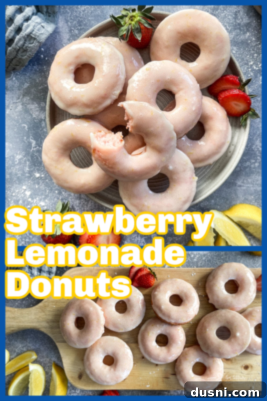 Sun-Kissed Strawberry Lemonade Donuts 9 A hand dipping a baked strawberry lemonade donut into lemon glaze