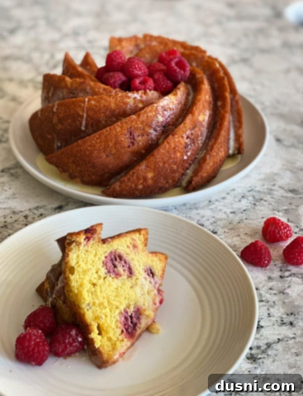 Sunshine Lemon Raspberry Bundt Cake 4 A perfectly portioned slice of Lemon Raspberry Bundt Cake on a white plate