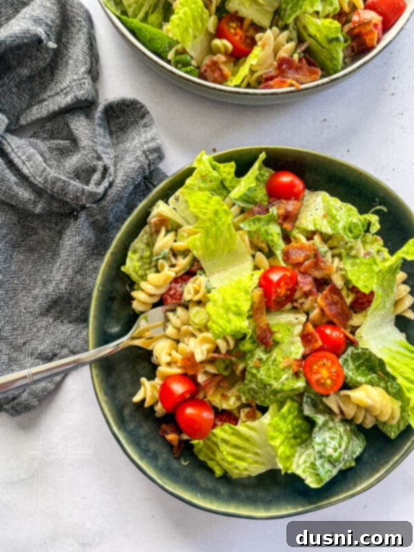 Overhead View of BLT Pasta Salad in a Bowl with Fork