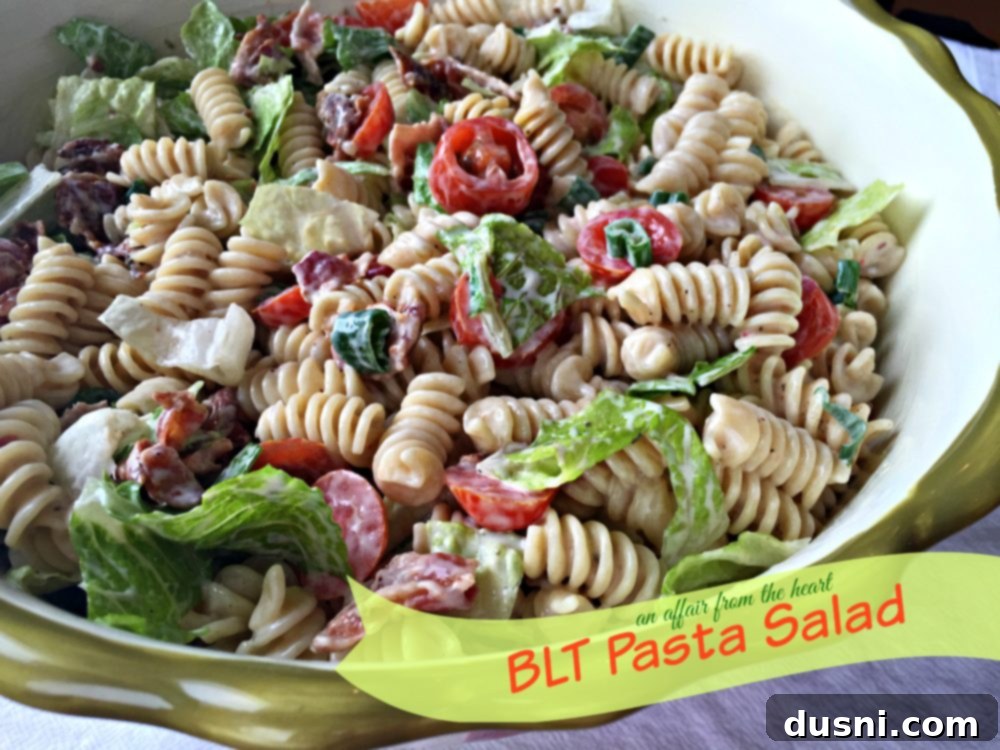Close up of Pasta Salad with text "BLT Pasta Salad"