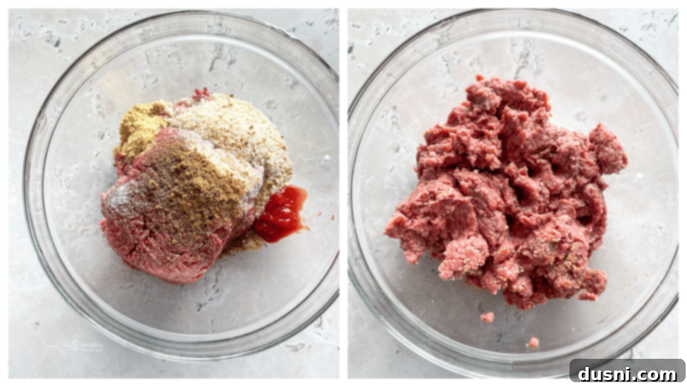 Classic Salisbury Steak with Savory Mushroom Gravy 9 Mixing ground beef with seasonings for Salisbury steak patties