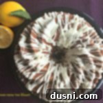 overhead of lemon rhubarb bundt cake