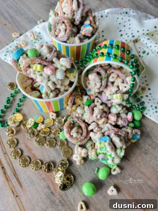 Pot of Gold Snack Blend 2 A bowl of Lucky Leprechaun Bait snack mix with colorful ingredients.