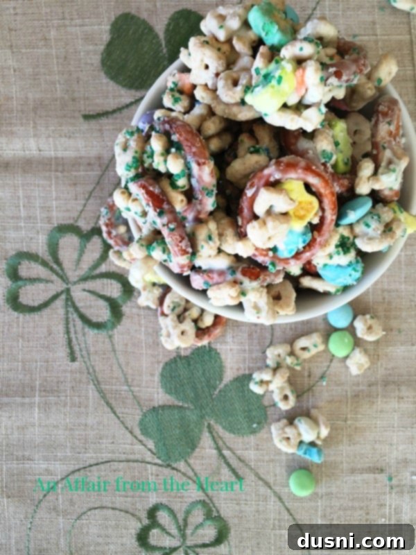 Pot of Gold Snack Blend 22 Another view of Lucky Leprechaun Bait in a white bowl.