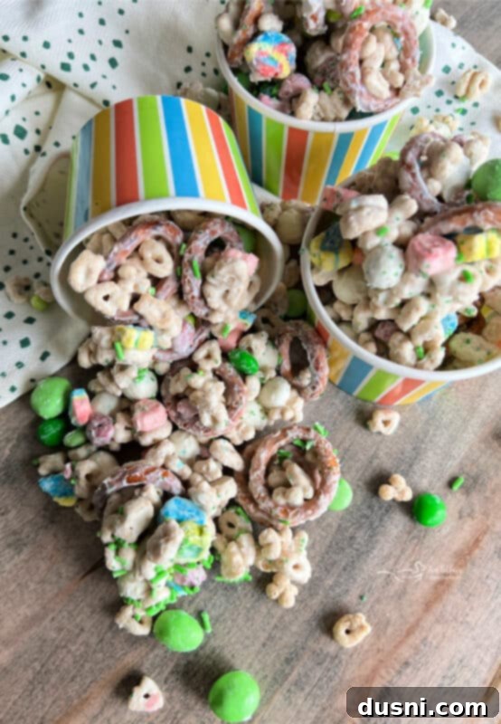 Pot of Gold Snack Blend 4 More Lucky Charms Snack Mix in a bowl, showing colorful details.