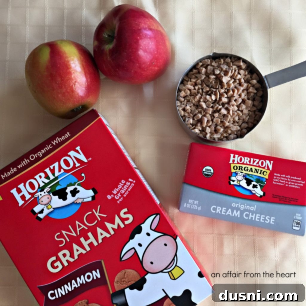 Apple Dip 2 A beautifully presented bowl of Horizon Organic Apple Dip, surrounded by a variety of sliced apples and Horizon Cinnamon Snack Grahams on a wooden board.