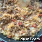 Lazy Cabbage Roll Skillet 11 Overhead shot of Unstuffed Cabbage Roll Skillet, showcasing the ingredients combined in the pan.