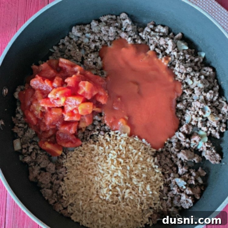 Lazy Cabbage Roll Skillet 6 Adding diced tomatoes, tomato sauce, rice, and water to the browned beef and onion in the skillet.