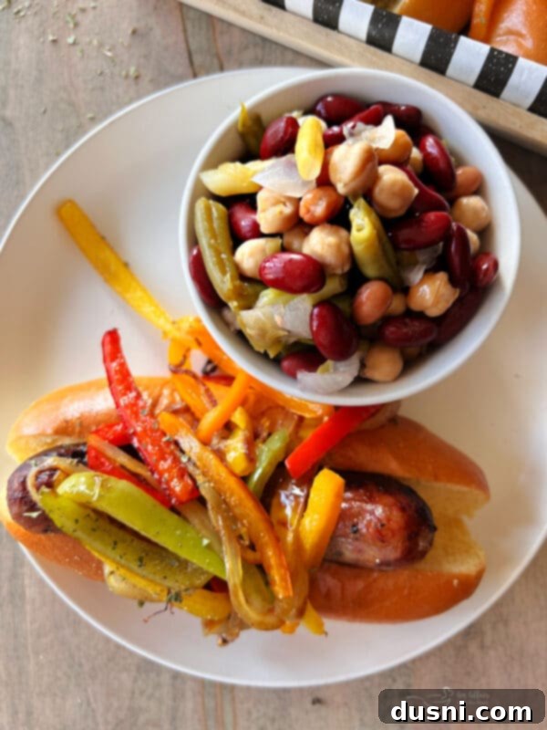Close-up of a finished Italian Sausage sandwich
