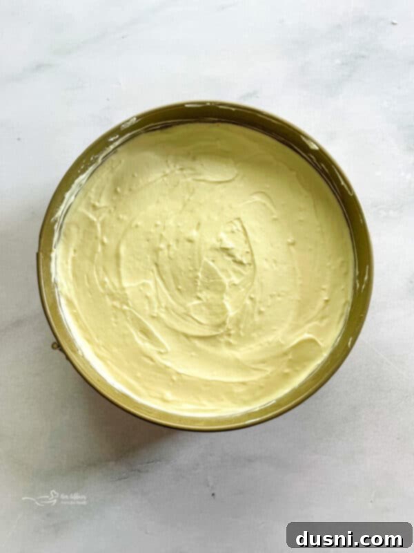 Dreamy Marshmallow Cloud Cheesecake 12 Marshmallow Cheesecake filling spread over the animal cracker crust in a springform pan.