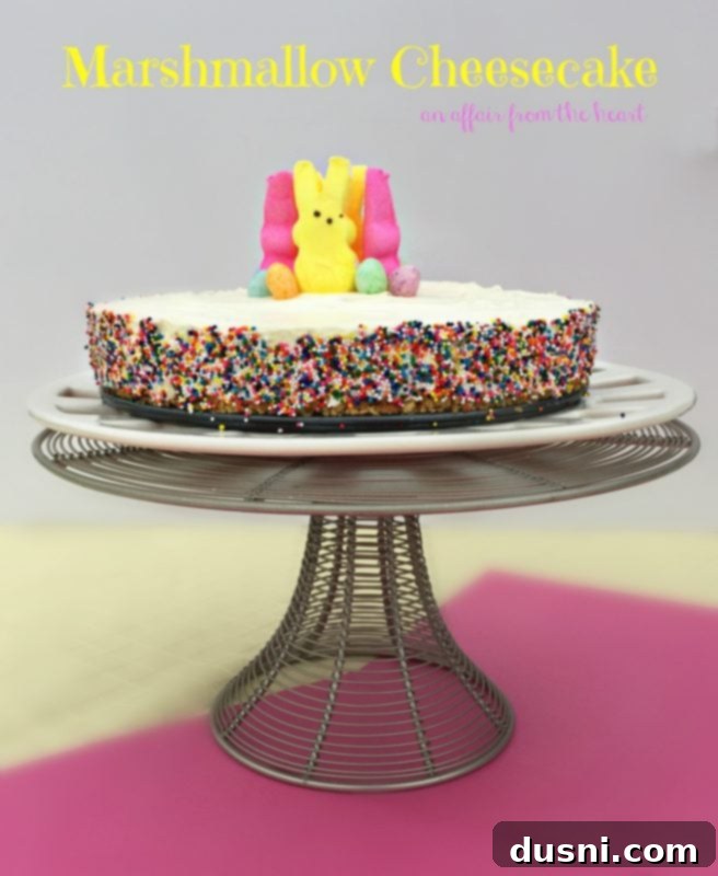 Dreamy Marshmallow Cloud Cheesecake 20 Marshmallow Cheesecake on a tiered cake stand, ready for a celebration.