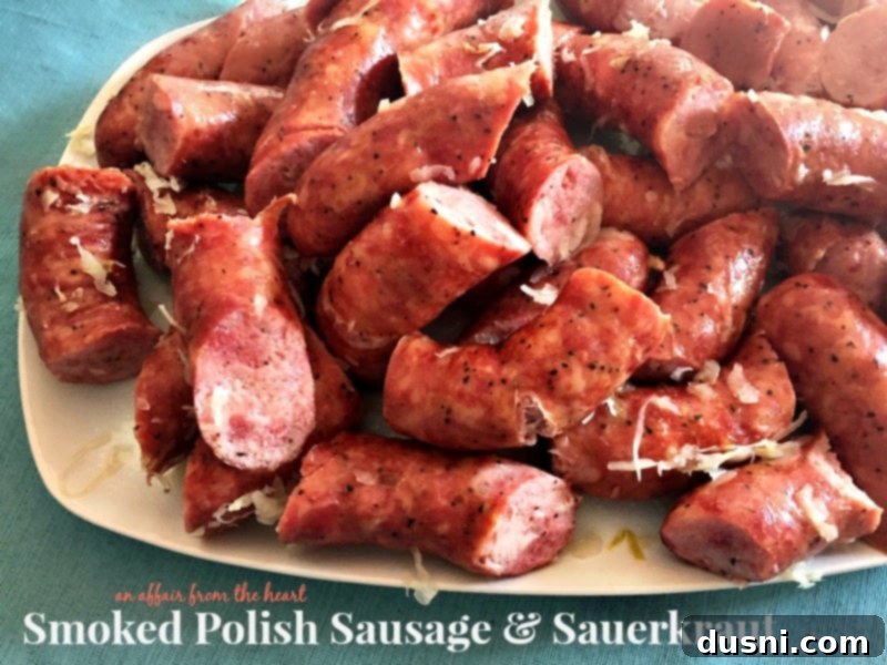 Savory Smoked Kielbasa and Sauerkraut 3 Smoked Polish Sausage & Sauerkraut on a serving platter