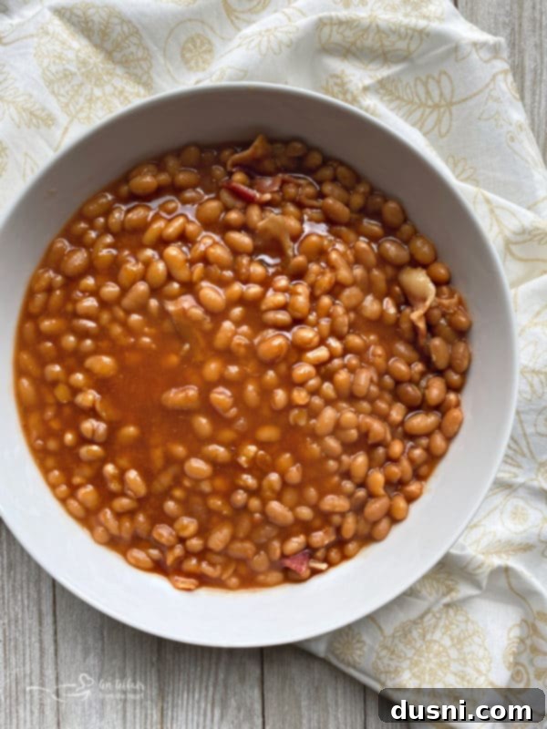 Grandma's Heirloom Baked Beans 2 A large bowl of Grandma's Baked Beans, rich in color with visible bacon pieces, perfect for any gathering.