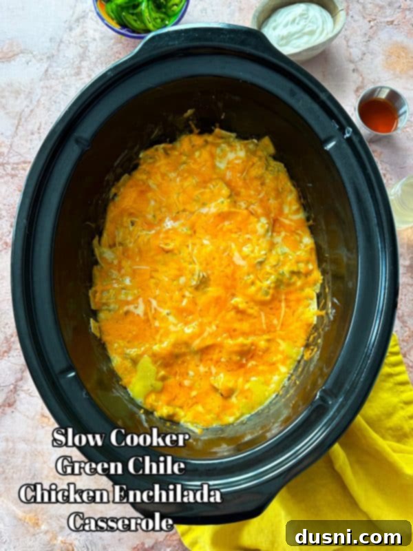 Hero shot of a full slow cooker of Green Chile Chicken Enchilada Casserole