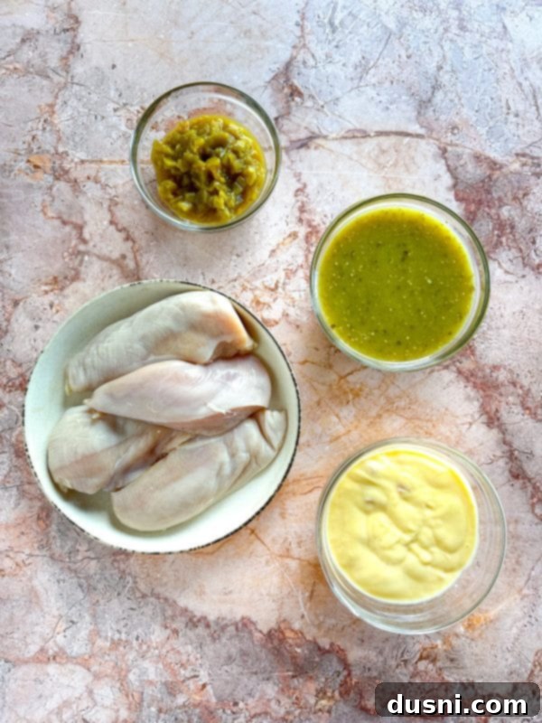 Ingredients for Slow Cooker Green Chile Chicken Enchilada Casserole laid out