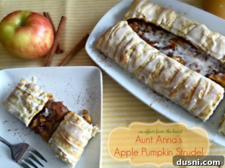 Apple Pumpkin Strudel on a white serving plate and a slice on a white plate with text 